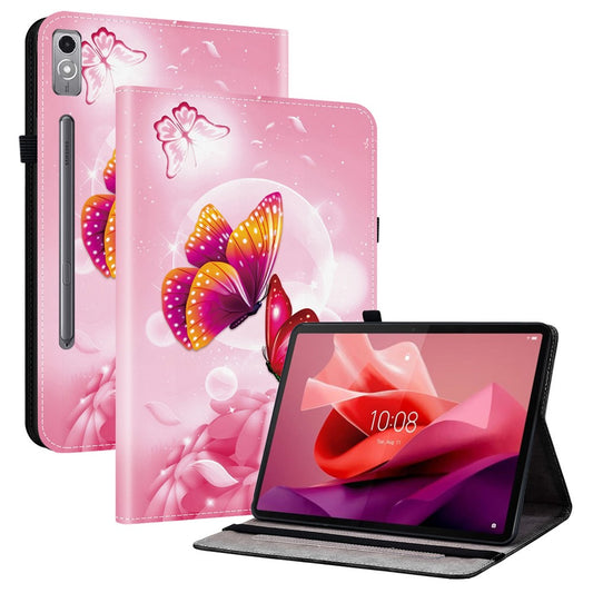 For Lenovo Tab P12 Leather Case Pattern Printed Stand Tablet Cover with Card Slots - Pink Butterfly
