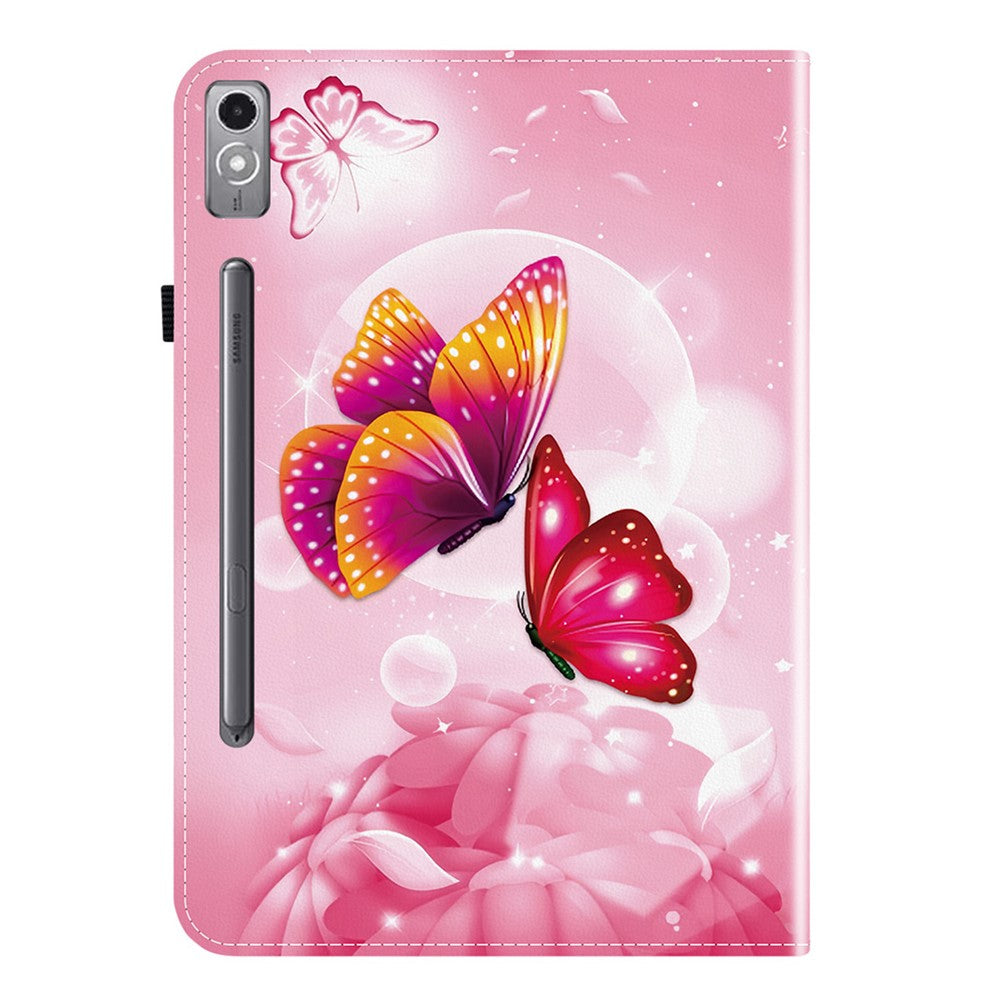 For Lenovo Tab P12 Leather Case Pattern Printed Stand Tablet Cover with Card Slots - Pink Butterfly