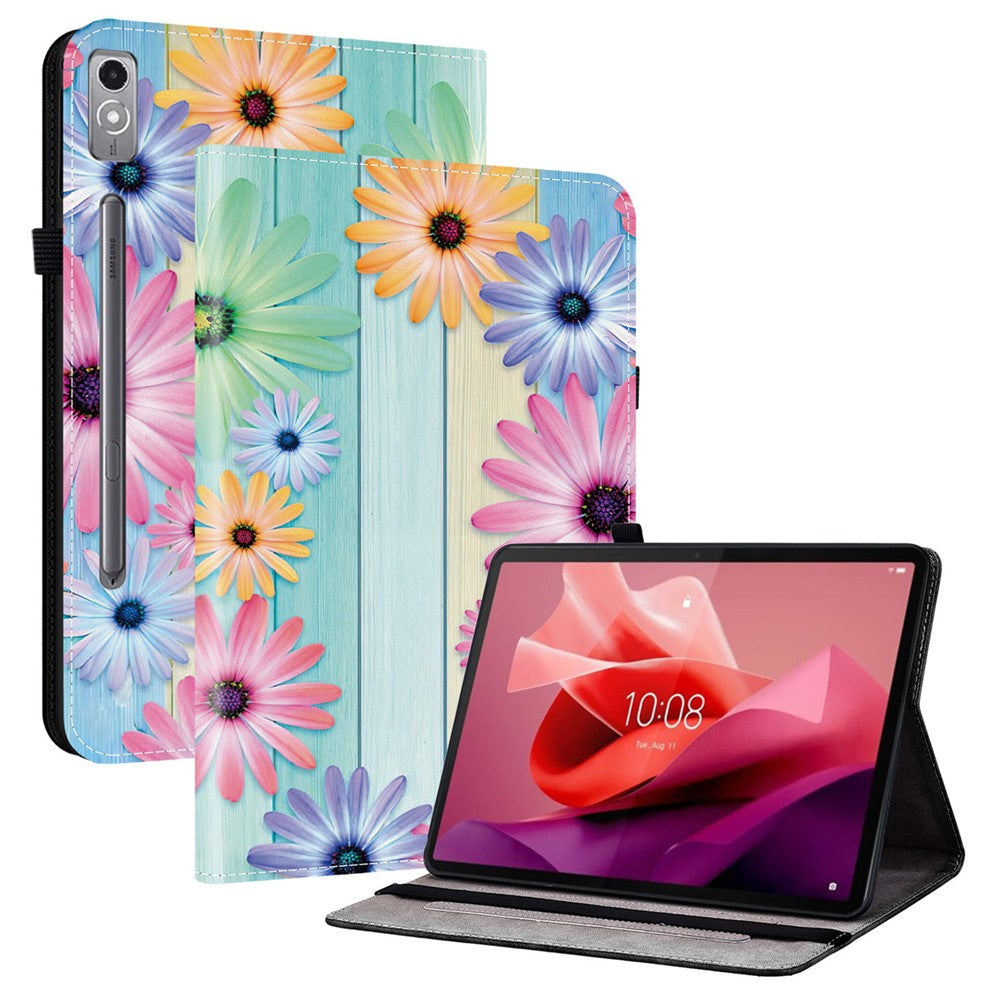 For Lenovo Tab P12 Leather Case Pattern Printed Stand Tablet Cover with Card Slots - Sunflower