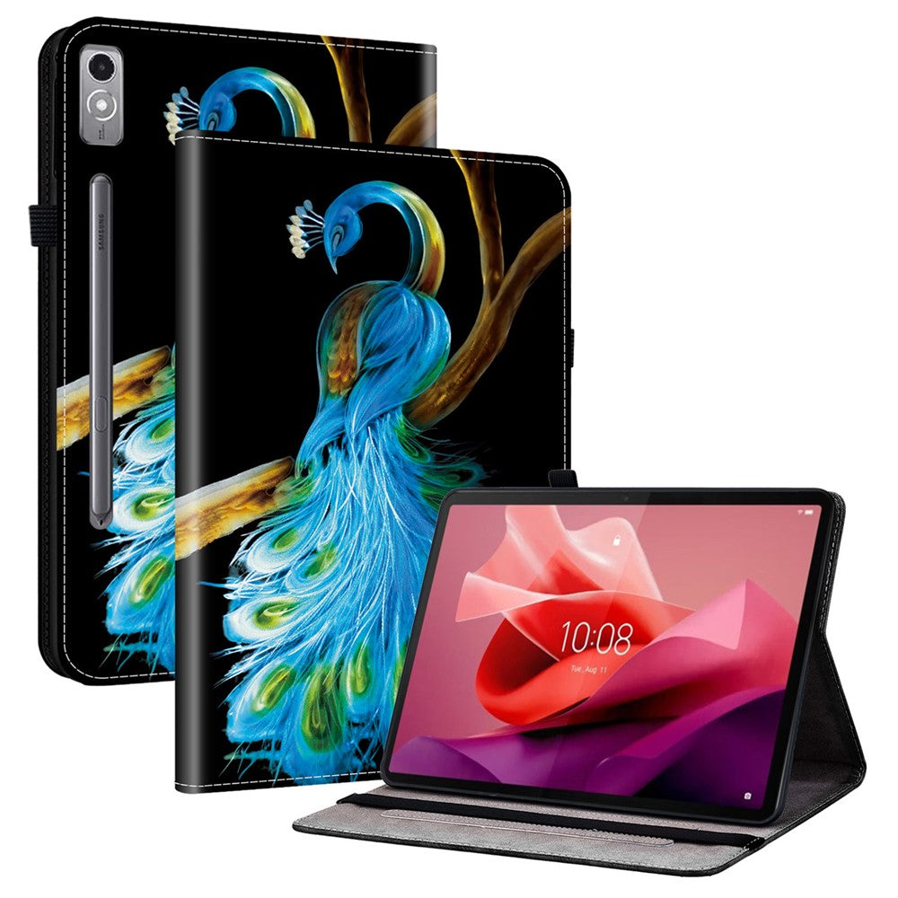 For Lenovo Tab P12 Leather Case Pattern Printed Stand Tablet Cover with Card Slots - Peacock