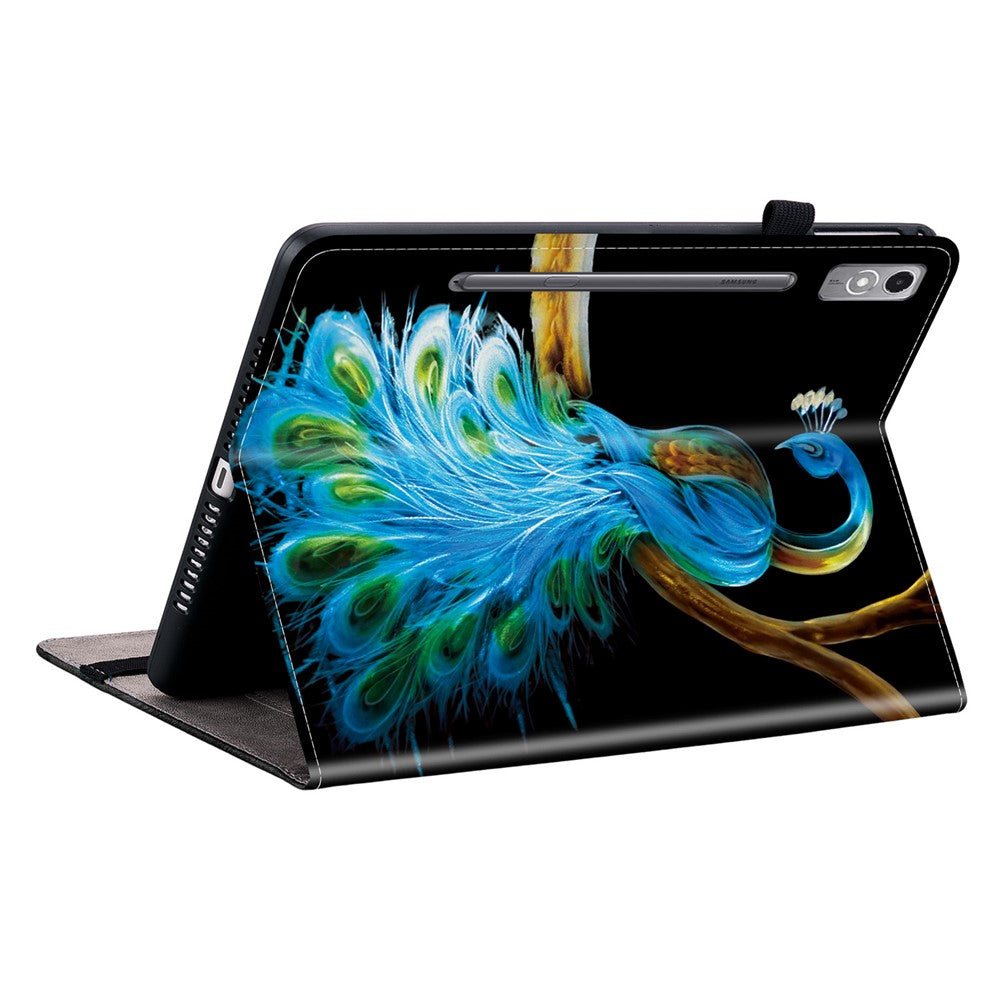 For Lenovo Tab P12 Leather Case Pattern Printed Stand Tablet Cover with Card Slots - Peacock