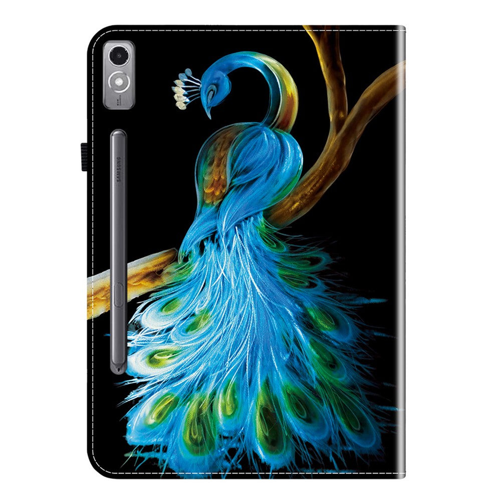 For Lenovo Tab P12 Leather Case Pattern Printed Stand Tablet Cover with Card Slots - Peacock