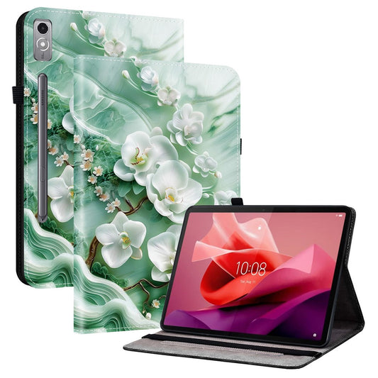 For Lenovo Tab P12 Leather Case Pattern Printed Stand Tablet Cover with Card Slots - Jade Flower