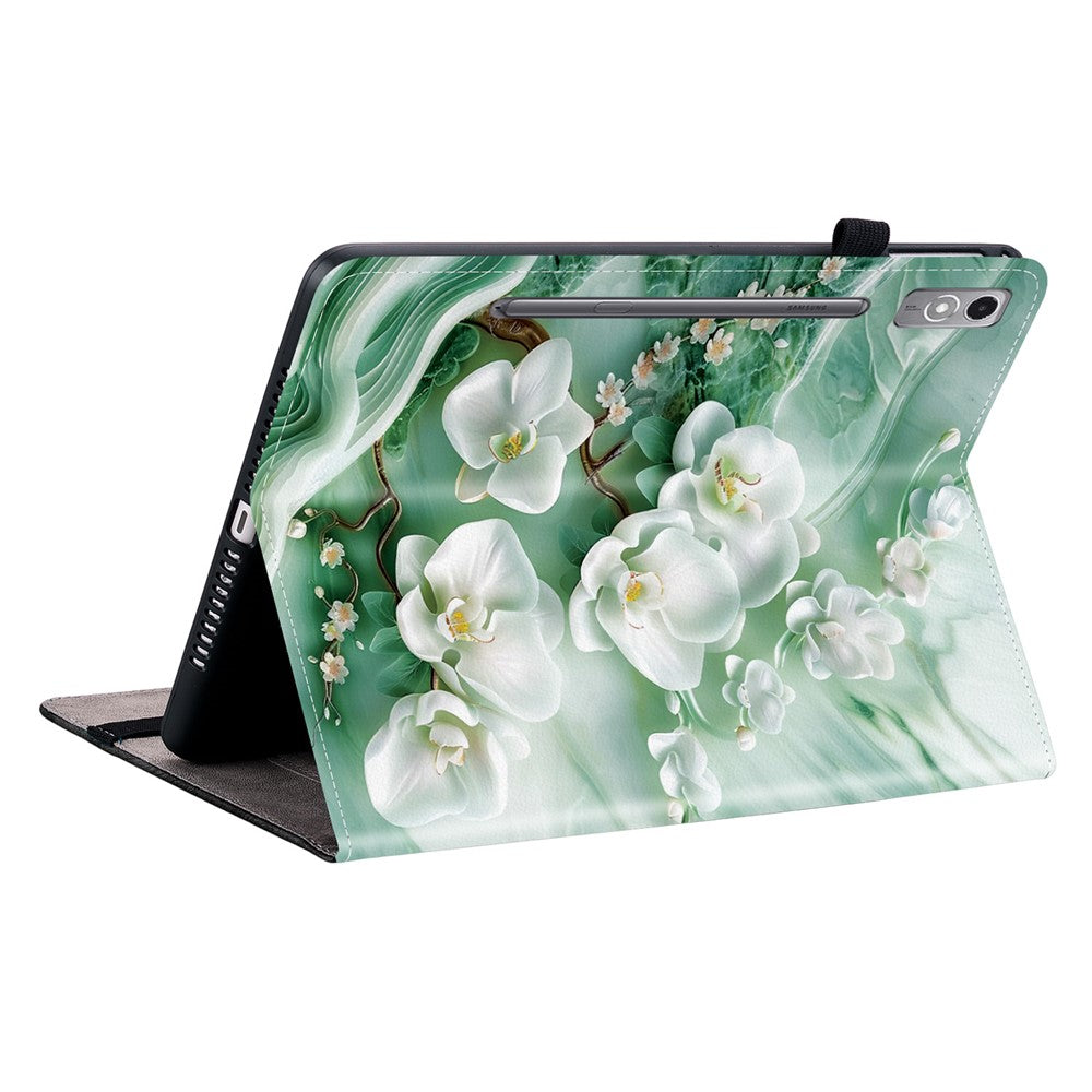 For Lenovo Tab P12 Leather Case Pattern Printed Stand Tablet Cover with Card Slots - Jade Flower