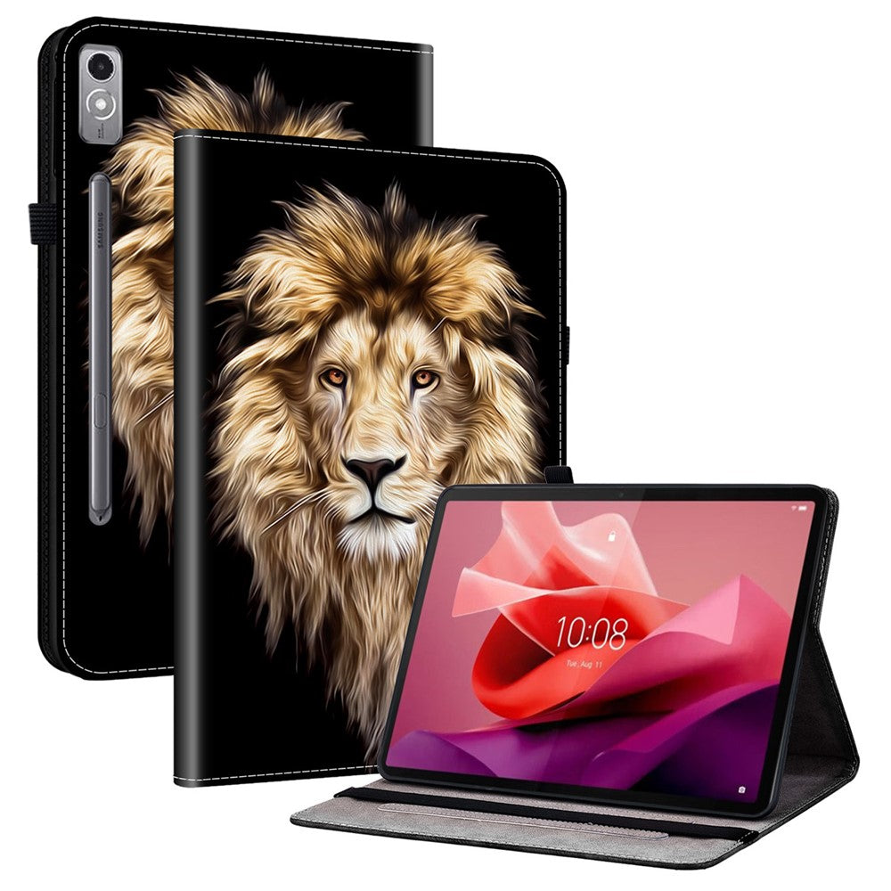 For Lenovo Tab P12 Leather Case Pattern Printed Stand Tablet Cover with Card Slots - Lion Head