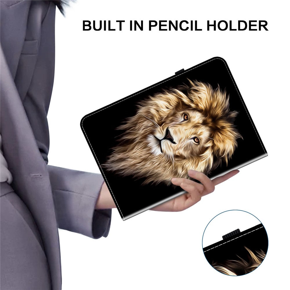 For Lenovo Tab P12 Leather Case Pattern Printed Stand Tablet Cover with Card Slots - Lion Head