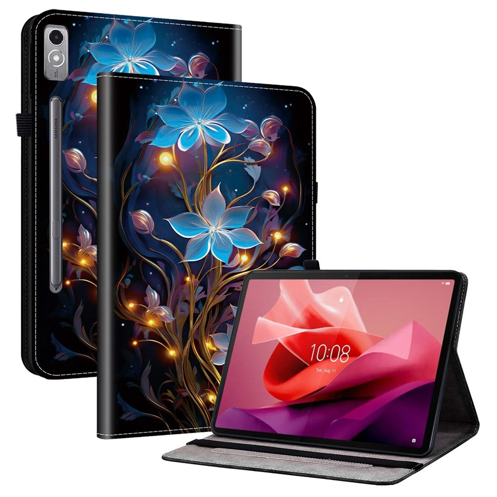 For Lenovo Tab P12 Leather Case Pattern Printed Stand Tablet Cover with Card Slots - Small Lantern Flower