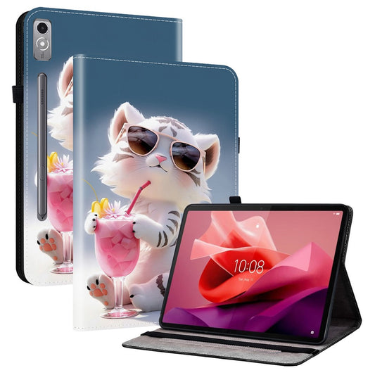 For Lenovo Tab P12 Leather Case Pattern Printed Stand Tablet Cover with Card Slots - Cartoon Tiger