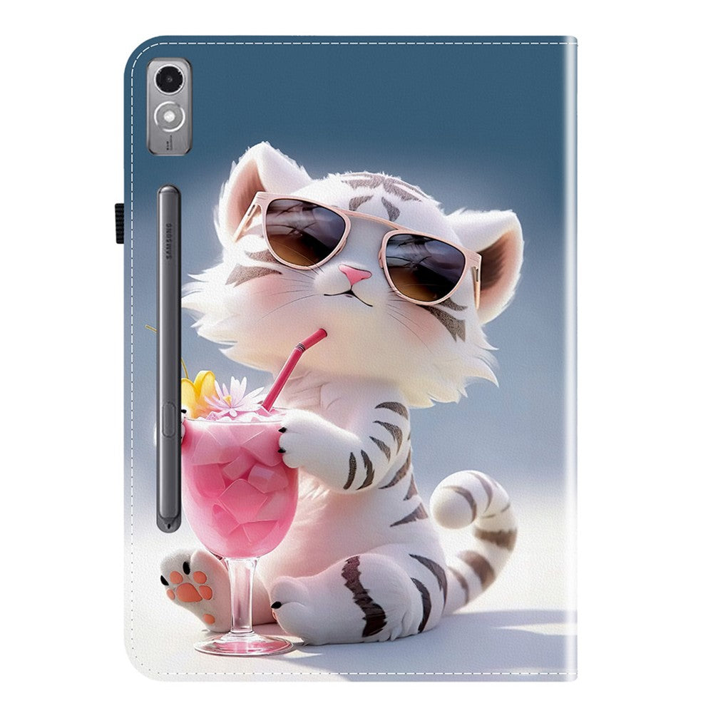 For Lenovo Tab P12 Leather Case Pattern Printed Stand Tablet Cover with Card Slots - Cartoon Tiger