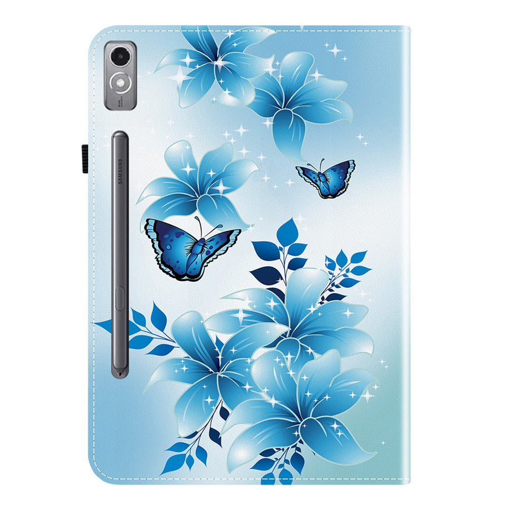 For Lenovo Tab P12 Leather Case Pattern Printed Stand Tablet Cover with Card Slots - Blue Butterfly