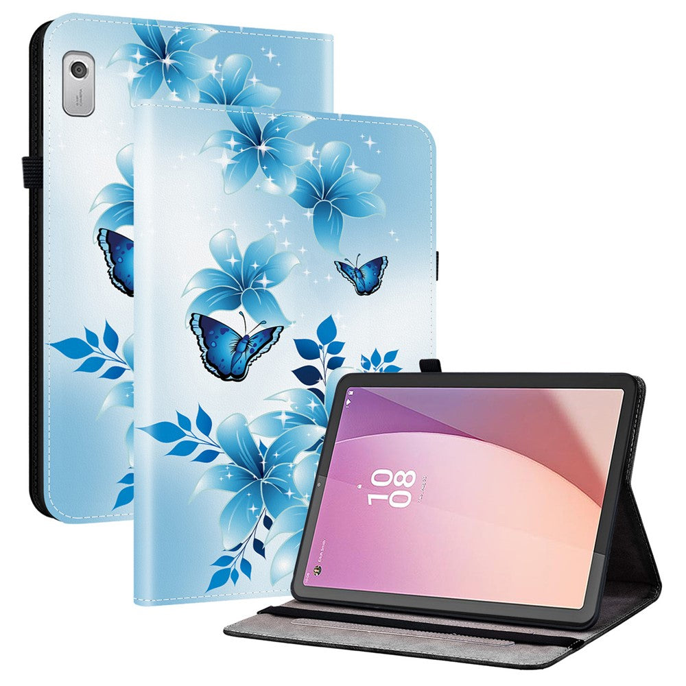 For Lenovo Tab M9 Leather Case Pattern Printed Stand Tablet Cover with Card Slots - Blue Butterfly