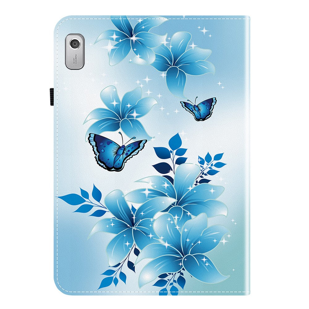 For Lenovo Tab M9 Leather Case Pattern Printed Stand Tablet Cover with Card Slots - Blue Butterfly