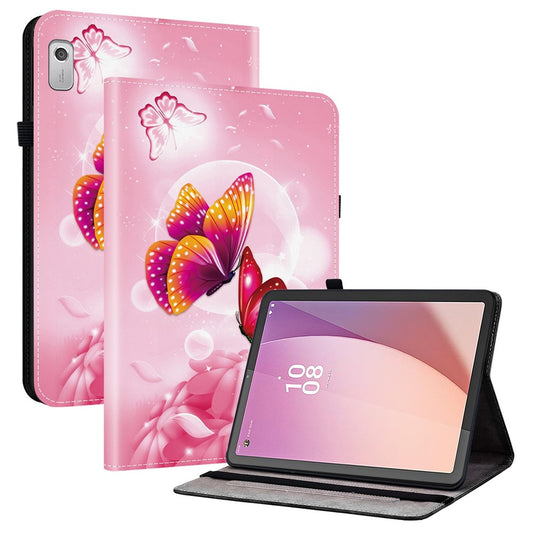For Lenovo Tab M9 Leather Case Pattern Printed Stand Tablet Cover with Card Slots - Pink Butterfly