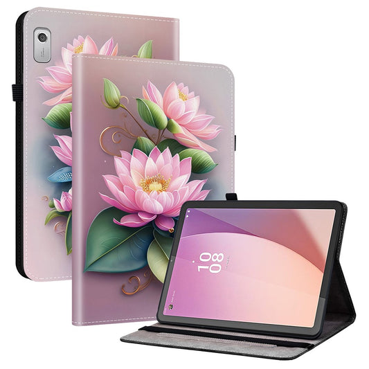For Lenovo Tab M9 Leather Case Pattern Printed Stand Tablet Cover with Card Slots - Lotus