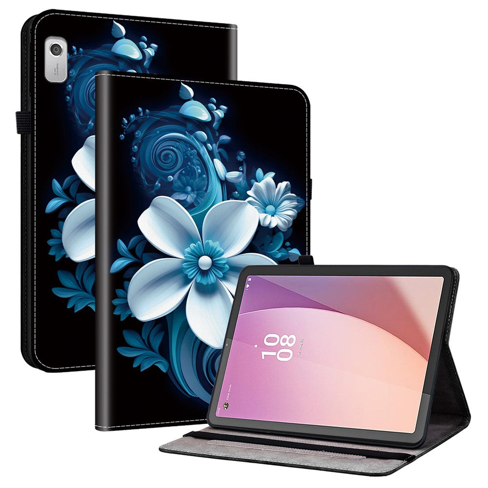 For Lenovo Tab M9 Leather Case Pattern Printed Stand Tablet Cover with Card Slots - Black Orchid