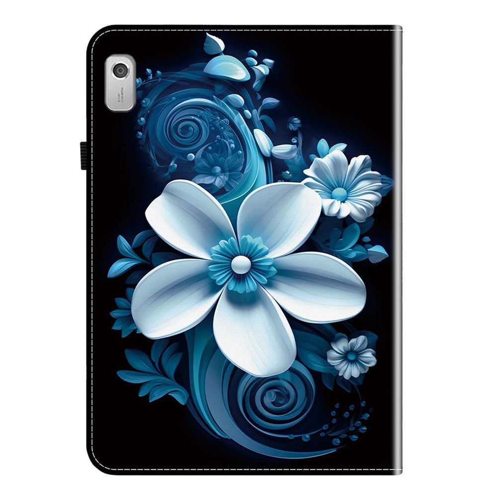 For Lenovo Tab M9 Leather Case Pattern Printed Stand Tablet Cover with Card Slots - Black Orchid