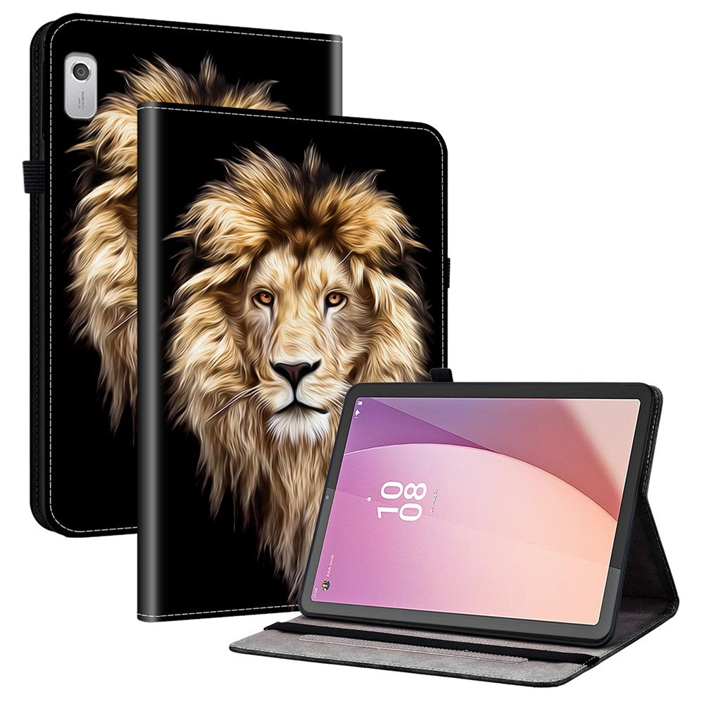 For Lenovo Tab M9 Leather Case Pattern Printed Stand Tablet Cover with Card Slots - Lion Head