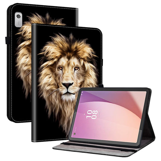 For Lenovo Tab M9 Leather Case Pattern Printed Stand Tablet Cover with Card Slots - Lion Head