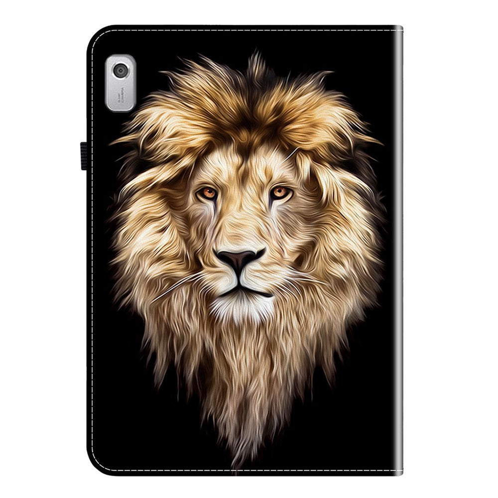 For Lenovo Tab M9 Leather Case Pattern Printed Stand Tablet Cover with Card Slots - Lion Head