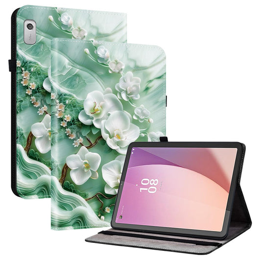For Lenovo Tab M9 Leather Case Pattern Printed Stand Tablet Cover with Card Slots - Jade Flower