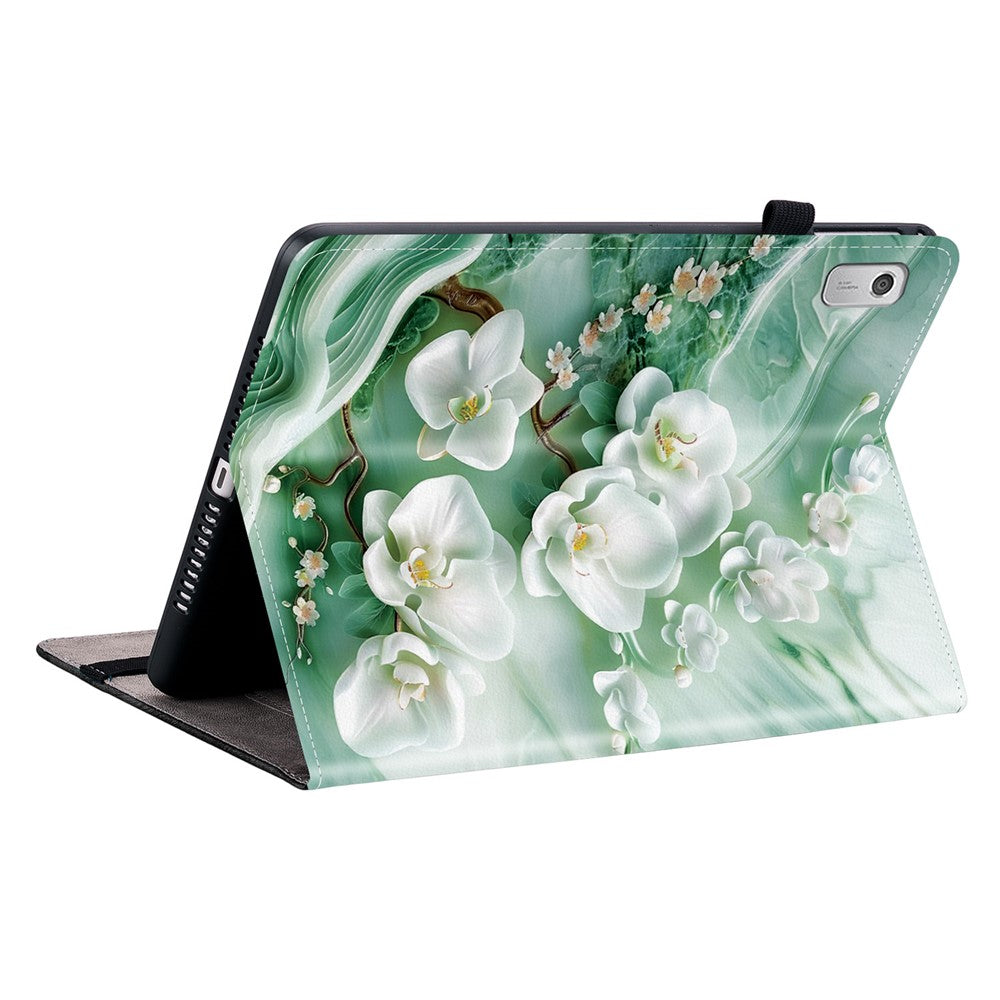 For Lenovo Tab M9 Leather Case Pattern Printed Stand Tablet Cover with Card Slots - Jade Flower