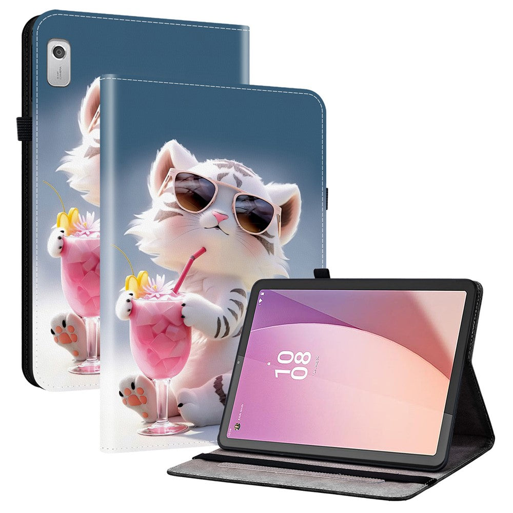For Lenovo Tab M9 Leather Case Pattern Printed Stand Tablet Cover with Card Slots - Cartoon Tiger