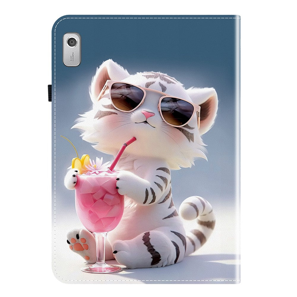 For Lenovo Tab M9 Leather Case Pattern Printed Stand Tablet Cover with Card Slots - Cartoon Tiger