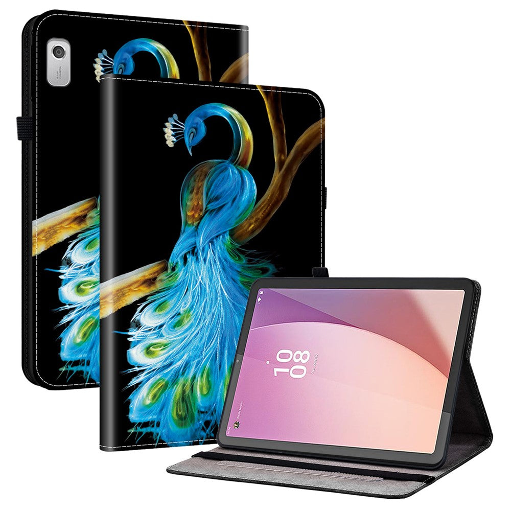 For Lenovo Tab M9 Leather Case Pattern Printed Stand Tablet Cover with Card Slots - Peacock