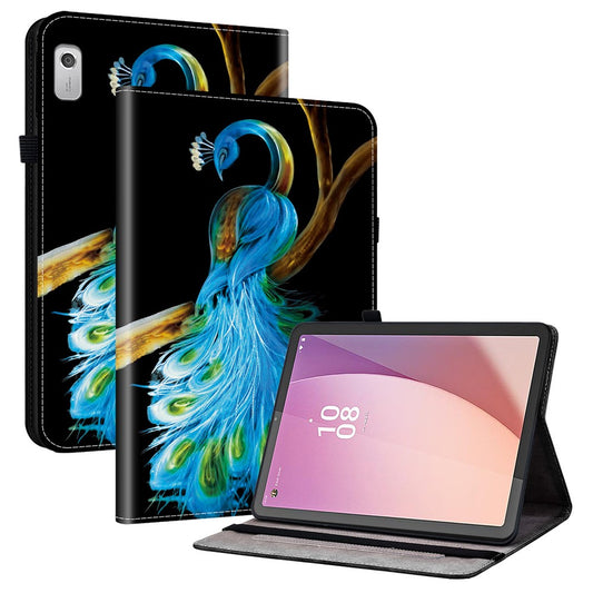 For Lenovo Tab M9 Leather Case Pattern Printed Stand Tablet Cover with Card Slots - Peacock
