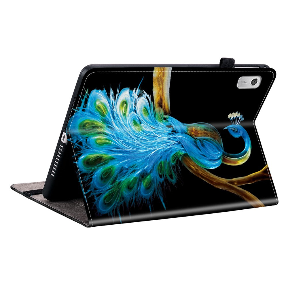 For Lenovo Tab M9 Leather Case Pattern Printed Stand Tablet Cover with Card Slots - Peacock