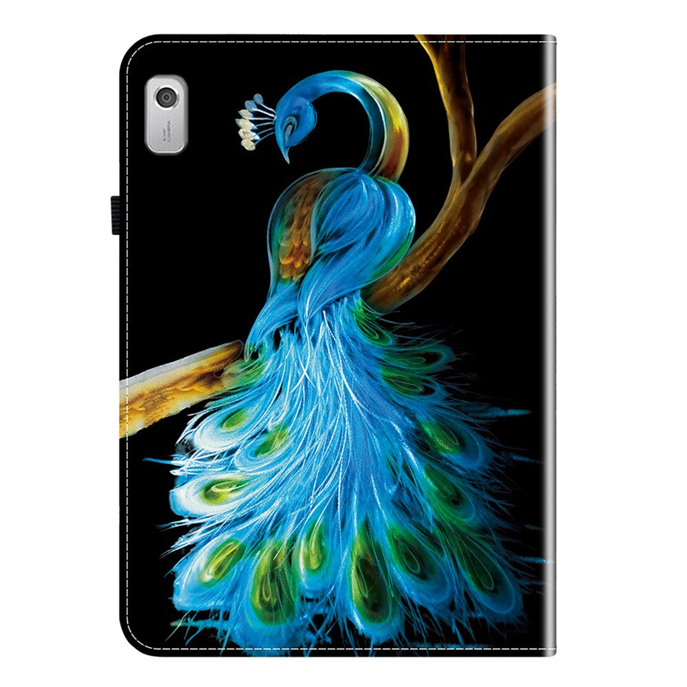 For Lenovo Tab M9 Leather Case Pattern Printed Stand Tablet Cover with Card Slots - Peacock
