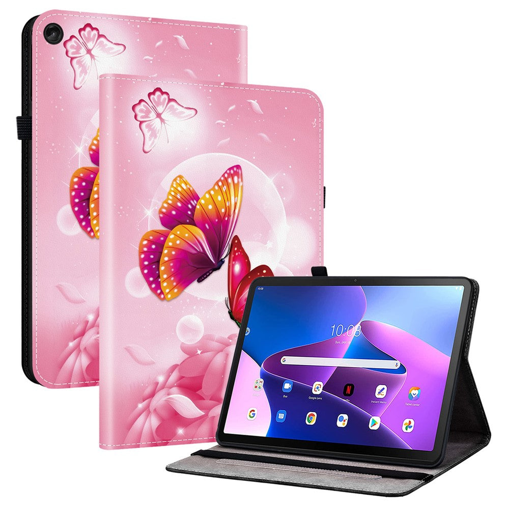 For Lenovo Tab M10 (Gen 3) Leather Case Pattern Printed Stand Tablet Cover with Card Slots - Pink Butterfly