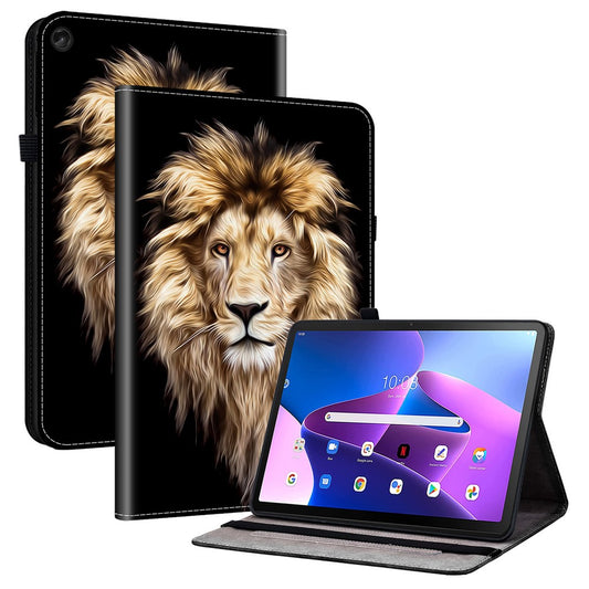 For Lenovo Tab M10 Plus (3rd Gen) Leather Case Pattern Printed Stand Tablet Cover with Card Slots - Lion Head