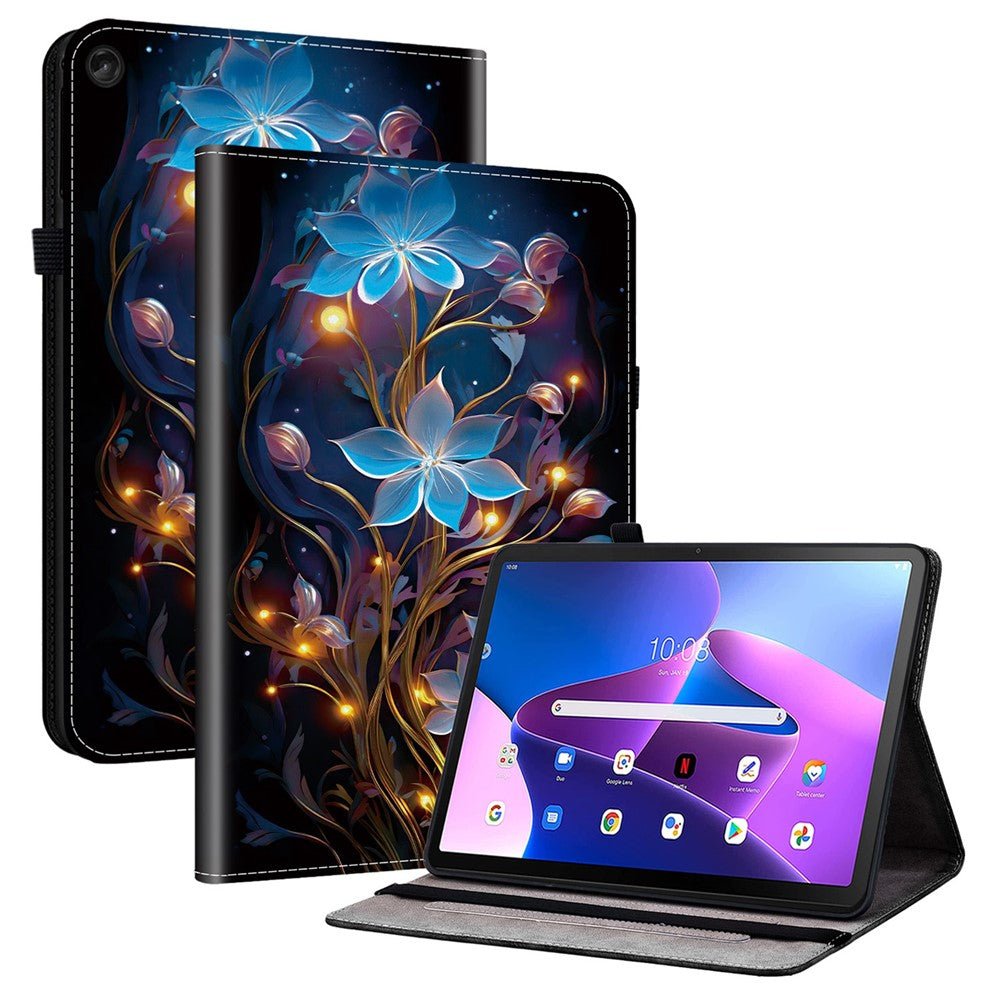For Lenovo Tab M10 Plus (3rd Gen) Leather Case Pattern Printed Stand Tablet Cover with Card Slots - Small Lantern Flower