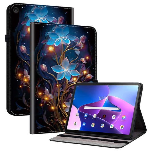 For Lenovo Tab M10 Plus (3rd Gen) Leather Case Pattern Printed Stand Tablet Cover with Card Slots - Small Lantern Flower