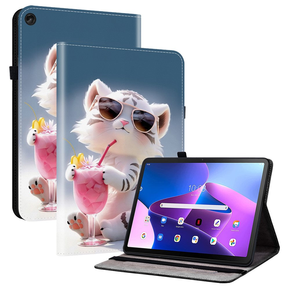 For Lenovo Tab M10 Plus (3rd Gen) Leather Case Pattern Printed Stand Tablet Cover with Card Slots - Cartoon Tiger