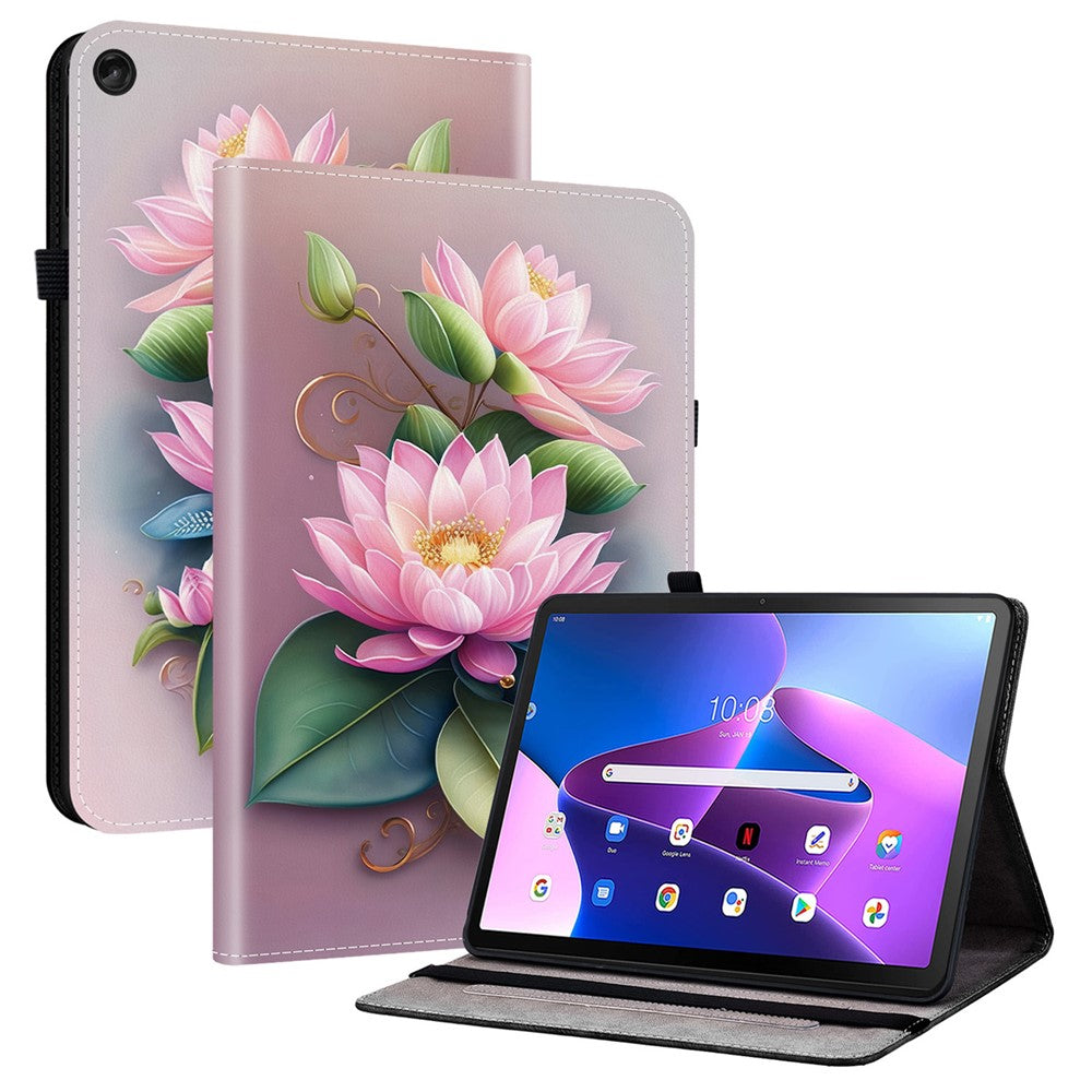 For Lenovo Tab M10 Plus (3rd Gen) Leather Case Pattern Printed Stand Tablet Cover with Card Slots - Lotus