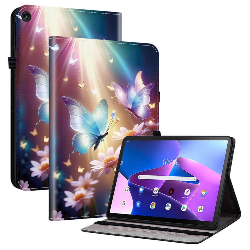 For Lenovo Tab M10 Plus (3rd Gen) Leather Case Pattern Printed Stand Tablet Cover with Card Slots - Butterfly Floral