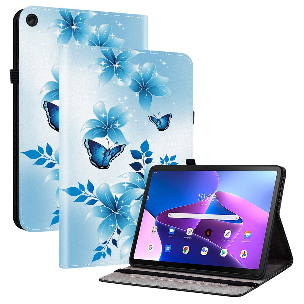 For Lenovo Tab M10 Plus (3rd Gen) Leather Case Pattern Printed Stand Tablet Cover with Card Slots - Blue Butterfly
