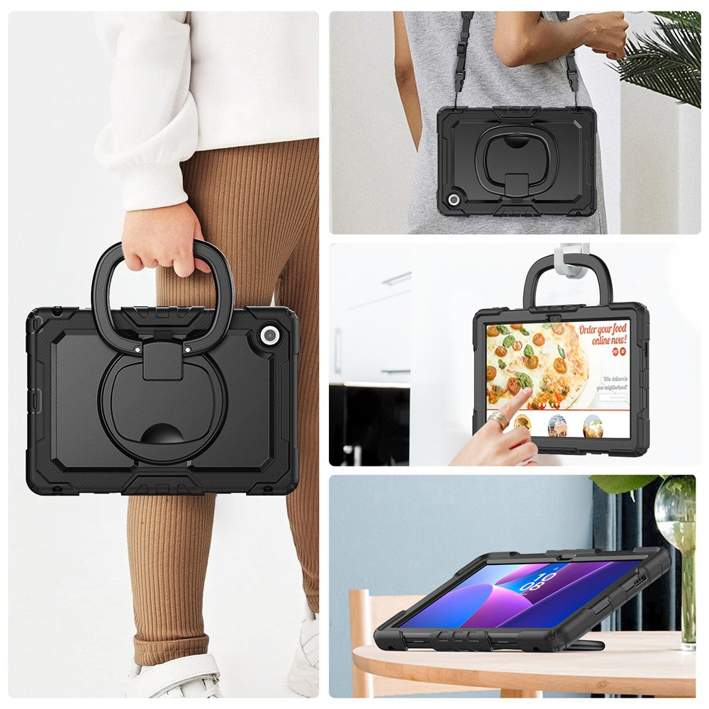 For Lenovo Tab 10.1 (2025) TB-311XU  /  Tab TB311FU Kickstand Case PC + Silicone Tablet Cover with Shoulder Strap - Black