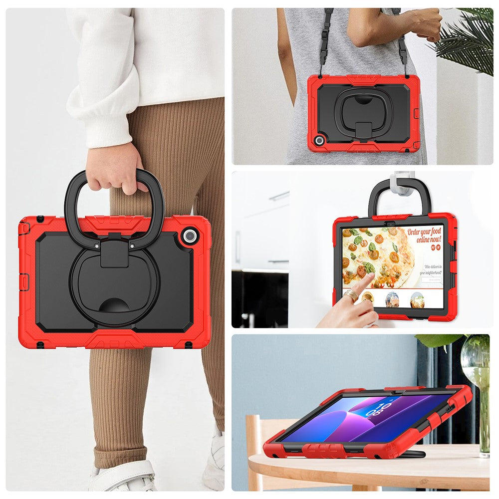 For Lenovo Tab 10.1 (2025) TB-311XU  /  Tab TB311FU Kickstand Case PC + Silicone Tablet Cover with Shoulder Strap - Red