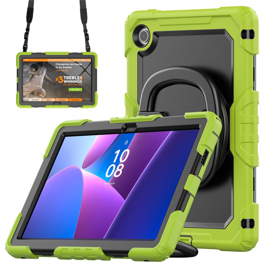 For Lenovo Tab 10.1 (2025) TB-311XU  /  Tab TB311FU Kickstand Case PC + Silicone Tablet Cover with Shoulder Strap - Yellowgreen