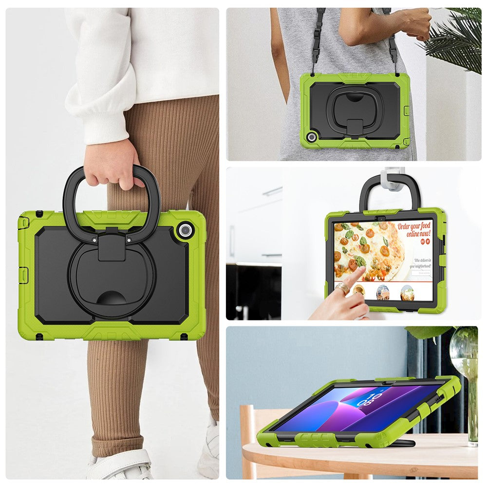 For Lenovo Tab 10.1 (2025) TB-311XU  /  Tab TB311FU Kickstand Case PC + Silicone Tablet Cover with Shoulder Strap - Yellowgreen