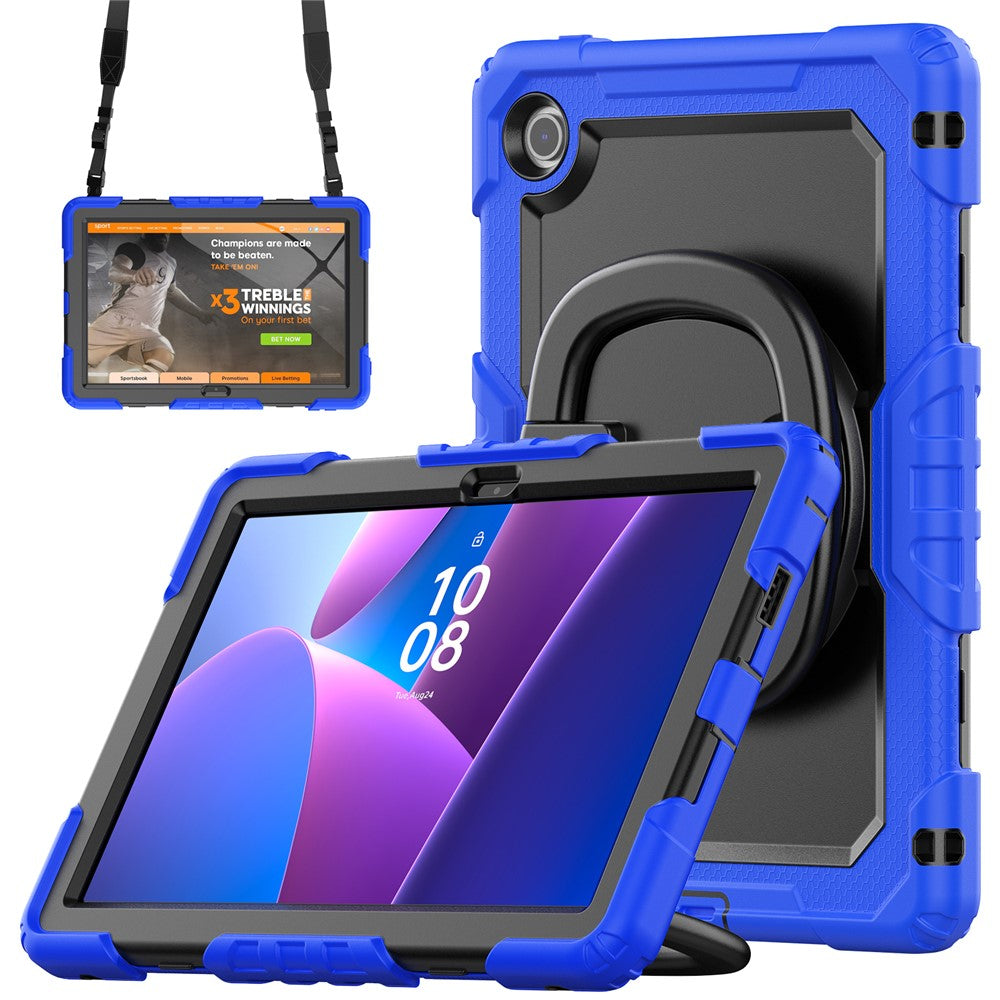 For Lenovo Tab 10.1 (2025) TB-311XU  /  Tab TB311FU Kickstand Case PC + Silicone Tablet Cover with Shoulder Strap - Dark Blue