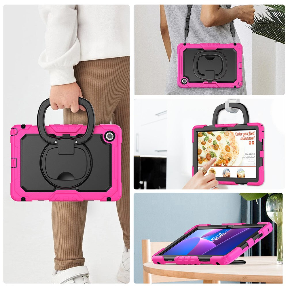 For Lenovo Tab 10.1 (2025) TB-311XU  /  Tab TB311FU Kickstand Case PC + Silicone Tablet Cover with Shoulder Strap - Rose