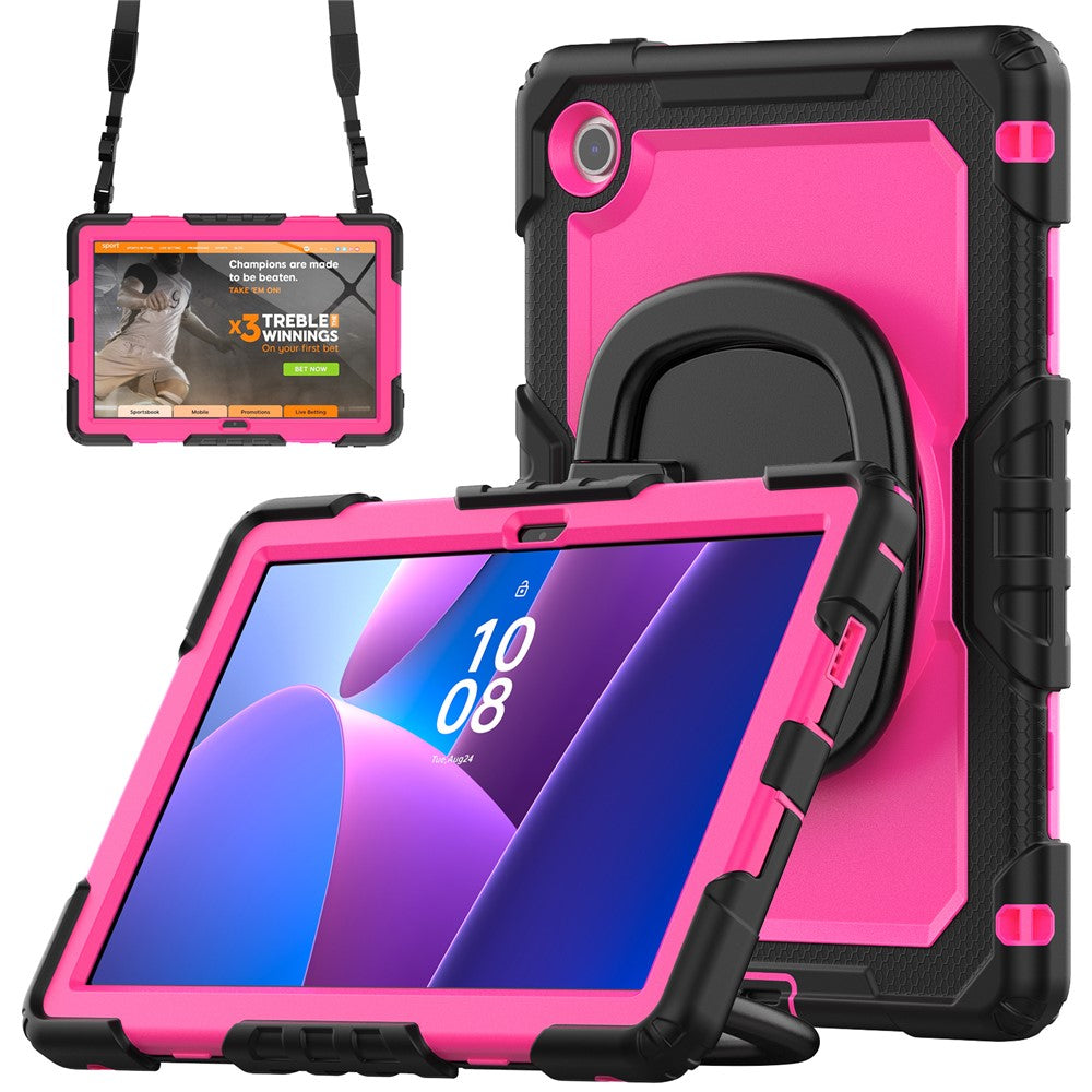 For Lenovo Tab 10.1 (2025) TB-311XU  /  Tab TB311FU Kickstand Case PC + Silicone Tablet Cover with Shoulder Strap - Black  /  Rose