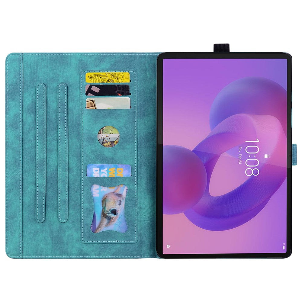 For Lenovo Tab K10C / Tab E10C Case Card Slots Leather Tablet Stand Folio Cover Flower Cat - Green