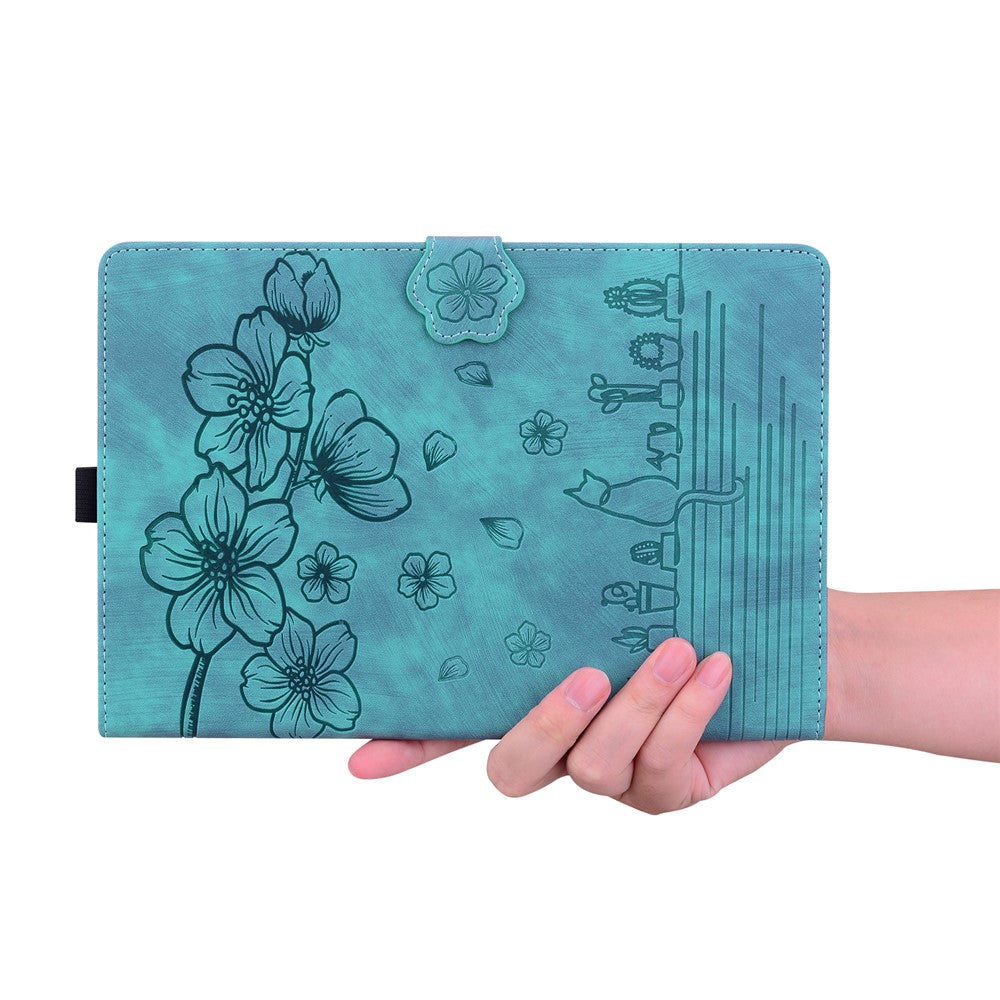 For Lenovo Tab K10C / Tab E10C Case Card Slots Leather Tablet Stand Folio Cover Flower Cat - Green