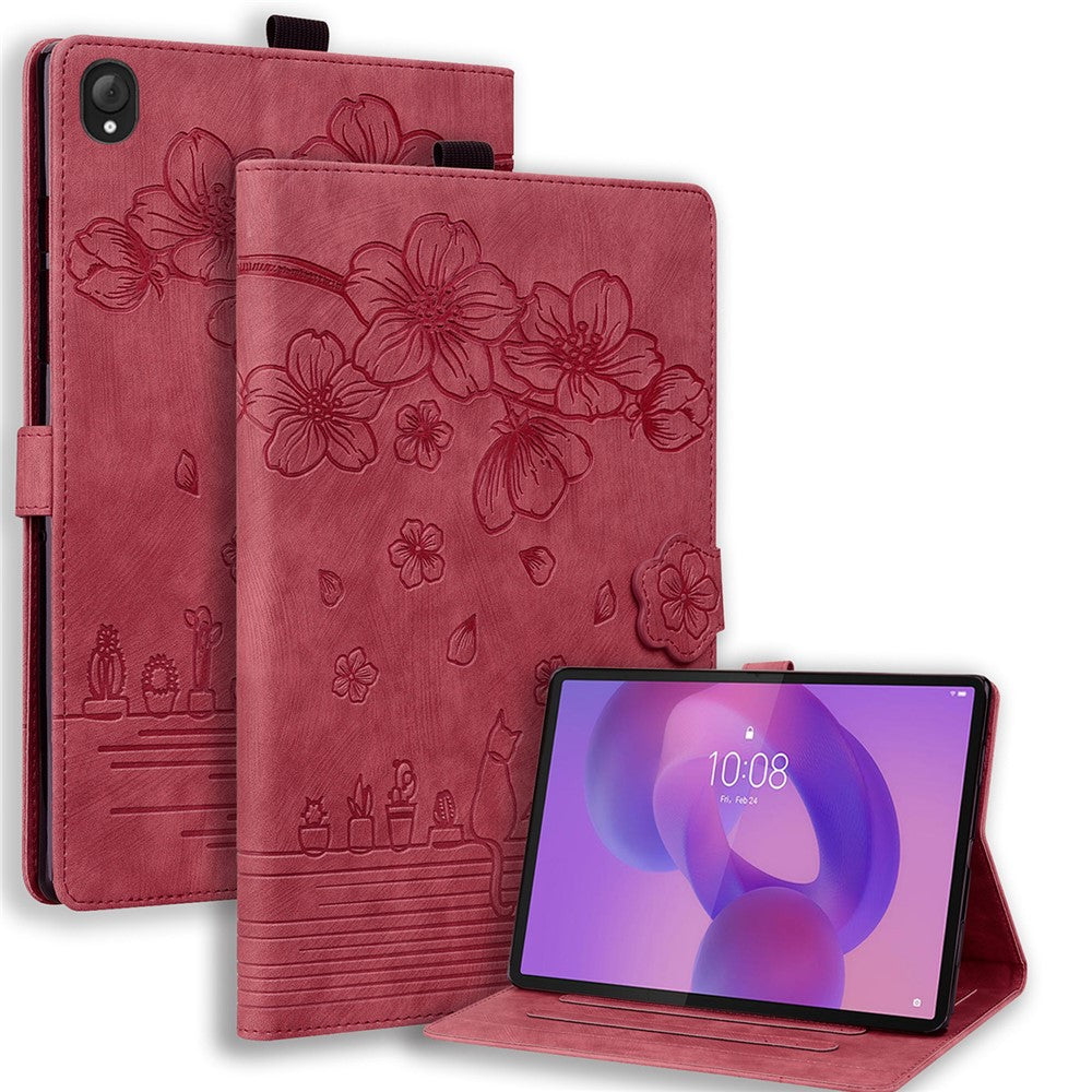 For Lenovo Tab K10C / Tab E10C Case Card Slots Leather Tablet Stand Folio Cover Flower Cat - Red