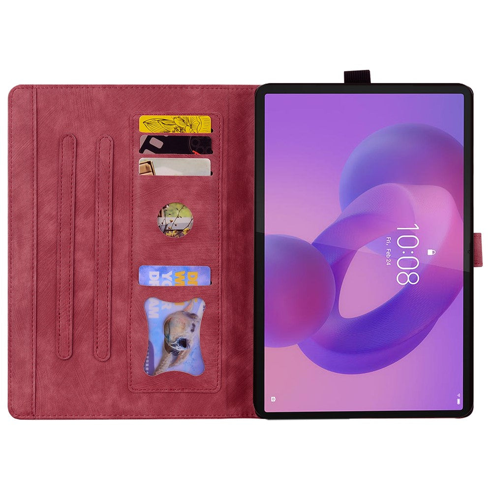 For Lenovo Tab K10C / Tab E10C Case Card Slots Leather Tablet Stand Folio Cover Flower Cat - Red
